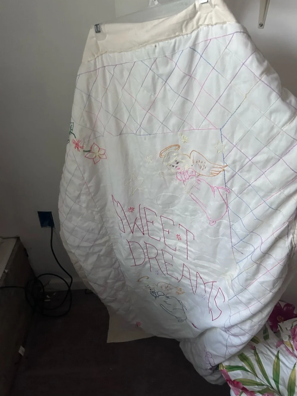 Vintage White Quilt with Pink and Green Embroidery